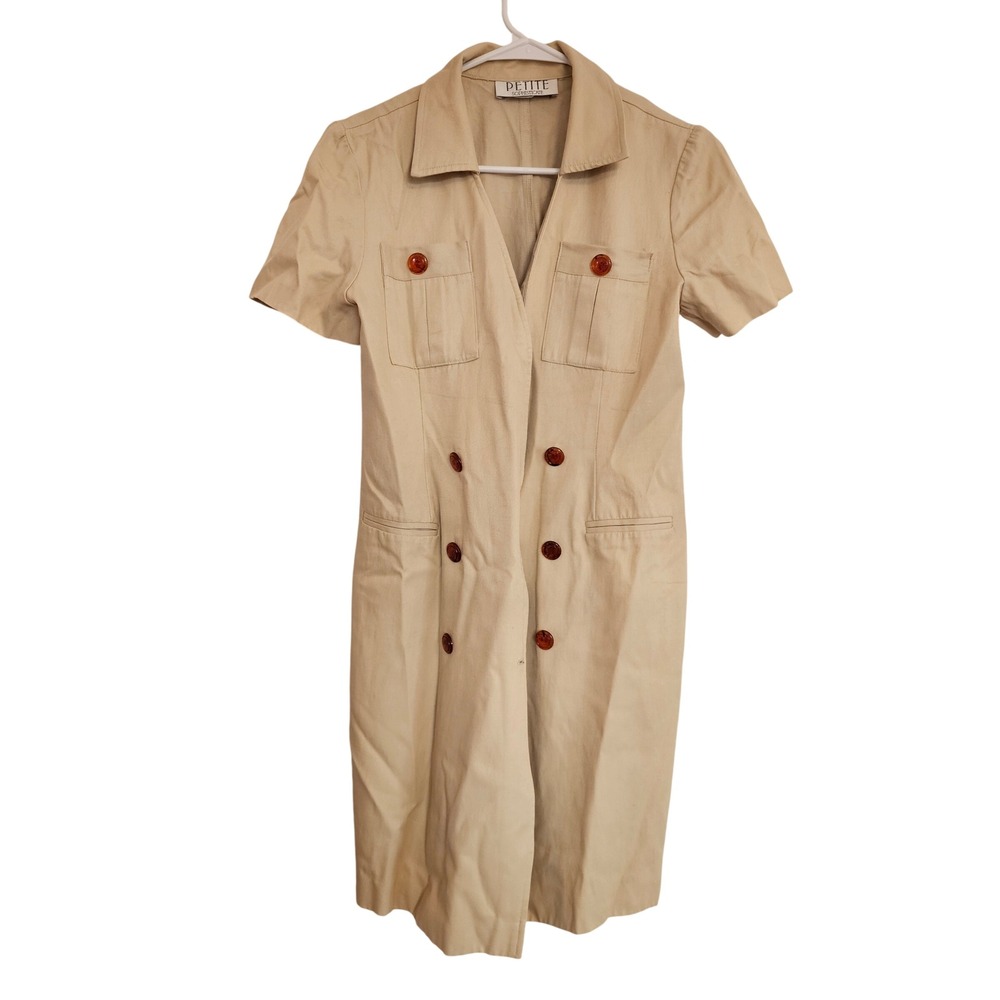 PETITE SOPHISTICATE Tan Khaki Safari Utility Button Front Short Sleeve Dress
